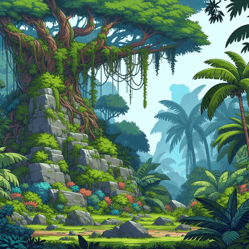 A animated image of prehistoric jungle with a cave.
Single Game Texture. In-Game asset. 2d. Blank background. High contrast. No shadows.