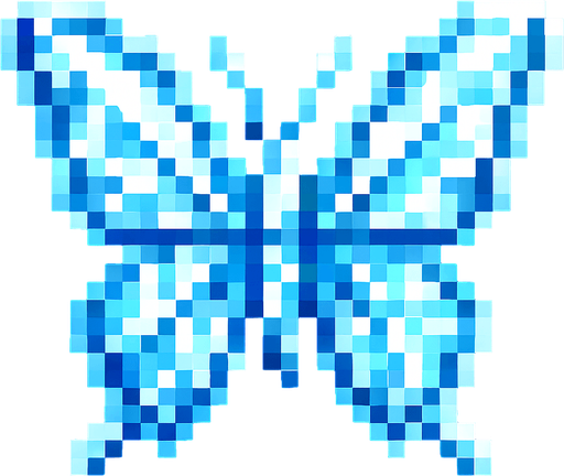 butterfly of white and light blue pixels like crystal.
In-Game asset.  2d.  High contrast.  No shadows. 8-bits