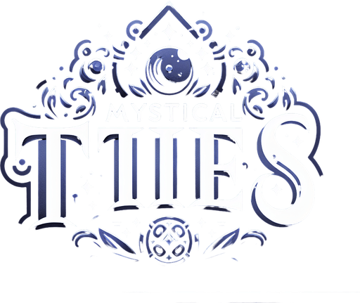 A large game logo displaying the title 'Mystical Tiles' in a mysterious font with magical decorations and effects, suitable for display on a dark bagground. Aspect ratio of the logo should be 10:4.
Single Game Texture. In-Game asset. 2d. Blank background. High contrast. No shadows.