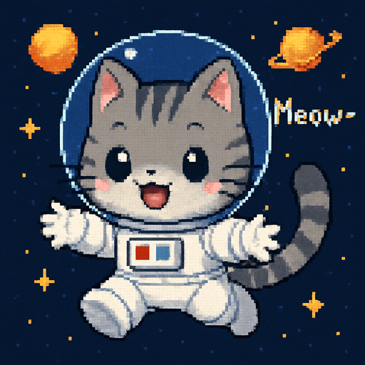 A cute gray kitten, drawn in an adorable chibi anime style and wearing an astronaut suit, floats in outer space with its little paws outstretched as if reaching out for a hug. It meows sweetly, and the entire scene is illustrated in charming Pixel Art style.
