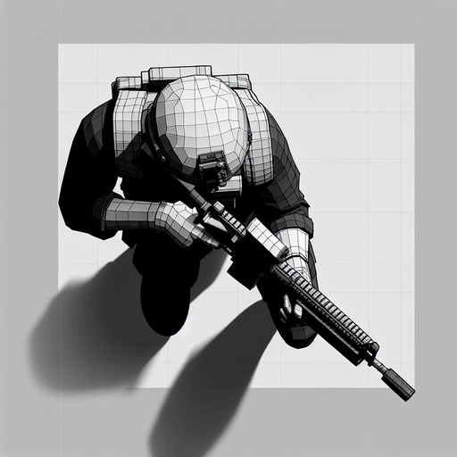 Soldier with gun seen from above.
Single Game Texture. In-Game asset. 2d. Blank background. High contrast. No shadows.