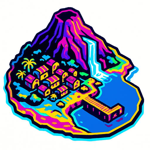 A small island centered with a large mountain taking up most of it with a waterfall on the south side and a fishing village just below it. Under the fishing village is a harbor with a single empty dock. The dock extends into a half open bay. 80s arcade machine inspire high definition graphics with 80s colored highlights. White background. Top down 3/4 view. 
In-Game asset.  2d.  High contrast.  No shadows