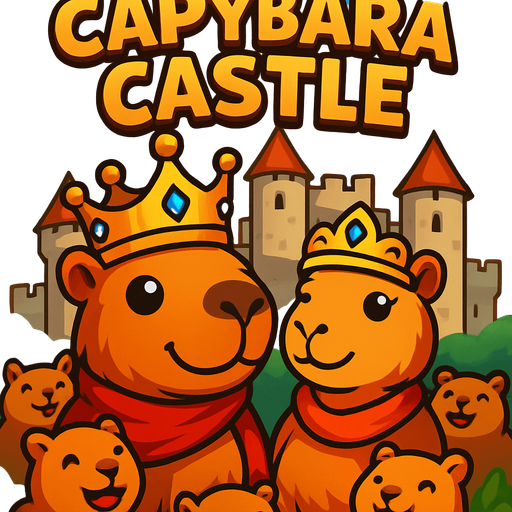 Utilizando este ejemplo. Hay un castillo al fondo. Al frente esta el rey capybara y la reina capybara tranquilos y los capibaras habitantes estan rodeandolos felices. Elimina el cañon de detras. Agrega el titulo de juego en la parte superior: Capybara Castle.
In-Game asset.  2d.  High contrast.