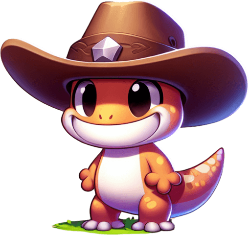 cartoon gecko with a cowboy hat.
Single Game Texture. In-Game asset. 2d. Blank background. High contrast. No shadows.
