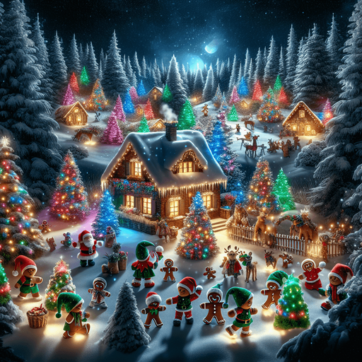 A feerical landscape with santa's house, pines, snow, glowing lights, at night.
In the front, cute elves with gree hats, gingerbread boys, teddy bears, celebrating, but no Santa Clauss in the image. Background image. High contrast. No shadows.