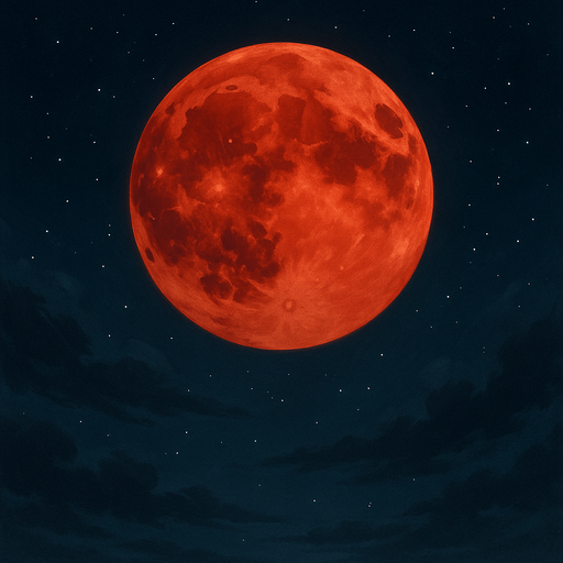 Luna roja sobre cielo nocturno, sin bordes y algo realista, que se aprecie el fondo.
In-Game asset.  2d.  High contrast.  No shadows