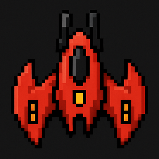 Enemy spaceship top down 2d pixilated and looking downwards.
In-Game asset.  2d.  High contrast.  No shadows