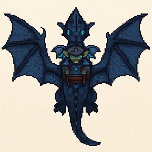 “Top-down pixel art of a goblin riding a flying  black - dark blue dragon. The dragon has wide, leathery wings fully extended, a long tail, sharp back ridges, and glowing blue eyes. It’s flying mid-air, viewed directly from above. The goblin is sitting on the dragon’s back,  blue dragon wings, holding reins or gripping a saddle, wearing dark fantasy armor with blue glowing runes. Designed as a 2D game sprite with a fantasy style, organic (non-mechanical) dragon, both characters seen from above.”.
In-Game asset.  2d.  High contrast.  No shadows
