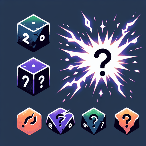 A crackling spark of energy rapidly shifting between multiple colors (purple, green, orange). Could also be a die symbol with elemental icons instead of pips, or a weapon impact with a question mark..
Single Game Texture.  In-Game asset.  2d.  Blank background.  High contrast.  No shadows