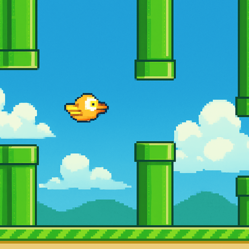 Fullscreen modern App Store landscape banner, 16:9, high definition, for a game titled "Flappy Flight" and with the description "Guide a bird through gaps in pipes by tapping to flap and avoid obstacles. Score points for each successful pass.". No text on banner! pixel