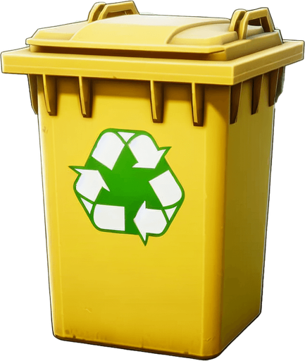 Face view of an open Yellow recycle bin with a green recycling sign..
In-Game asset. 2d. Blank background. High contrast. No shadows.