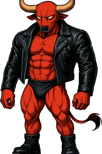 idle animation hunky Minotaur man Cyberpunk manga, minotaur monster hunk, shiny black leather biker jacket longsleeves shirtless muscles, jockstrap combat boots, Background removed, "Full-body character, entirely in frame, no cropping of face, head, or feet" "Complete character visible, from horns to hooves, fully centered in the image" "Entire character, including face and boots, fully within the frame" Character fully contained within a square frame, no edges cut off fashion model idle pose