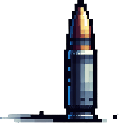 A bullet, pixelated Single Game Texture. In-Game asset. 2d. Blank background. High contrast. No shadows.