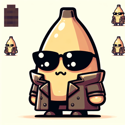 video game cute banana Pokémon with Matrix-like black glasses and a trench coat, oversized head occupying most of its body, standing on two tiny chubby feet at the bottom, tiny adorable creature with a cute angry expression, looking straight ahead, facing the camera directly. 2D flat vector illustration.
Single Game Texture. In-Game asset. 2d. Blank background. High contrast. No shadows.