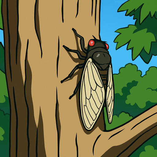gambar 2d anime cicada hinggap di batang besar lebar pohon.
In-Game asset.  2d.  High contrast.  No shadows
