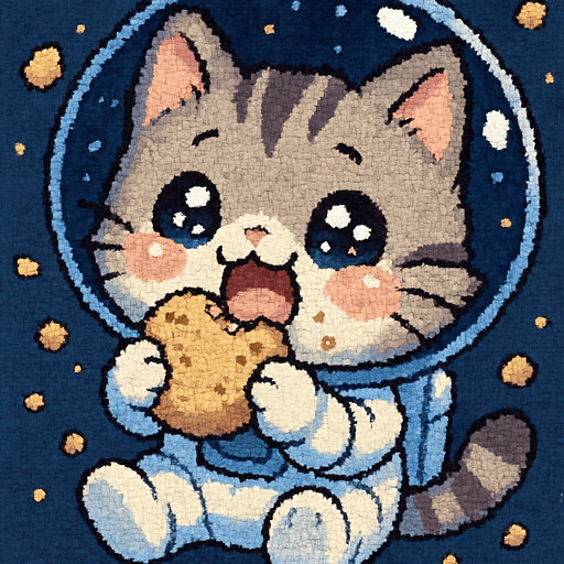 A cute kitten, illustrated in an adorable chibi anime style and wearing an astronaut suit, is joyfully eating as if it hadn’t had a meal in ages. Its eyes sparkle with delight, and crumbs float around in zero gravity.
