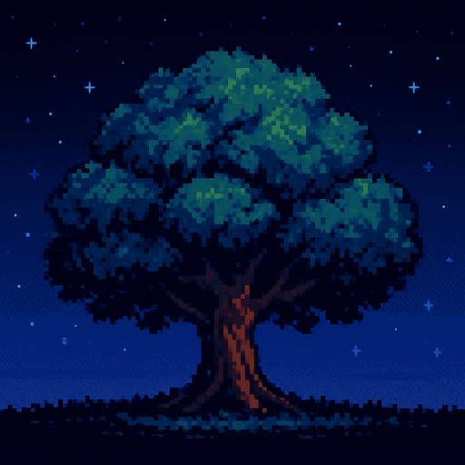 Pixel art de árbol pero de noche.
In-Game asset.  2d.  High contrast.  No shadows