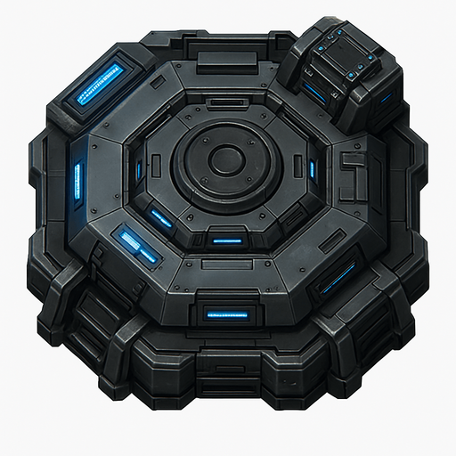 Namlusu olmayan, Teknolojik askeri kule, üstten görünüm, gerçekçi, yazısız.
In-Game asset.  High contrast.  No shadows