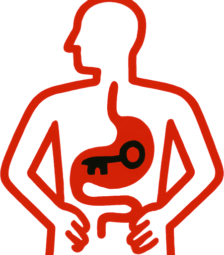 a drawing pic showing key is inside stomach of the body.red lines of the body!
In-Game asset.  2d.  High contrast.  No shadows