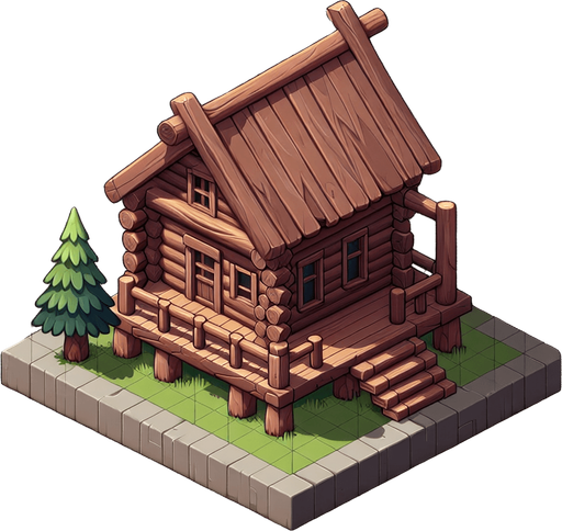 wooden house.
Single Game Texture. In-Game asset. 2d. Blank background. High contrast. No shadows.