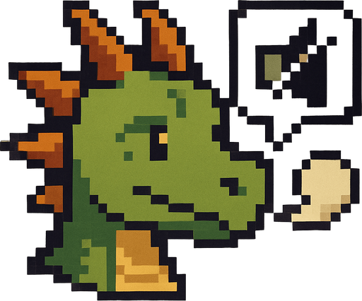 A small pixel art dragon head viewed from the side, mouth closed with a small puff of smoke or a speech bubble with a cross to symbolize that sound is off. The expression is calm and cute. Designed as a fantasy-themed icon for a retro-style 2D game UI..
In-Game asset.  2d.  High contrast.  No shadows. pixel art. side view. cute. fantasy. retro. dragon. mute. icon