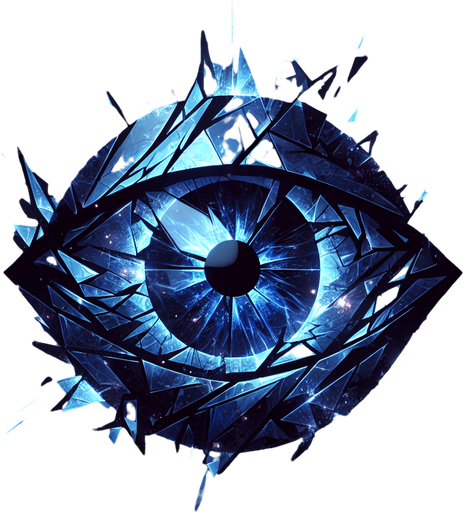 A sharply focused eye symbol in deep indigo color. Could also be a fractured mirror shard reflecting light, or an indigo crystal with internal sparks/light flashes..
Single Game Texture.  In-Game asset.  2d.  Blank background.  High contrast.  No shadows