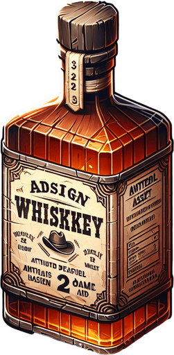 western bottle of whiskey..
Single Game Texture. In-Game asset. 2d. Blank background. High contrast. No shadows.