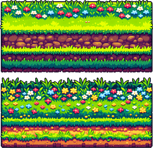 Horizontal ground sprite sheet. Grass and dirt. Sideways. Flowers
Single Game Texture.  In-Game asset.  2d.  Blank background.  High contrast.  No shadows