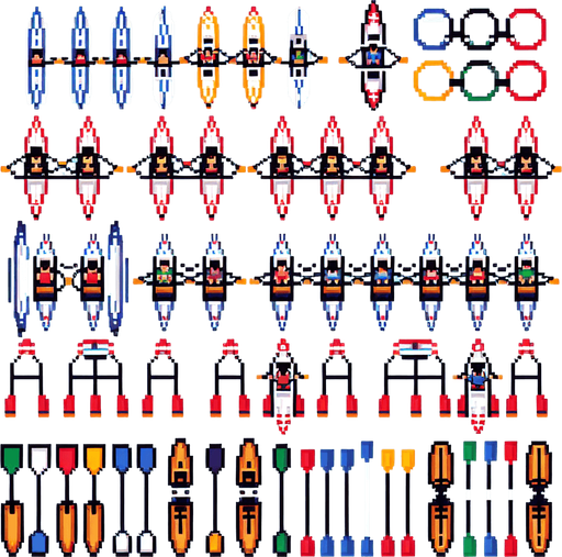 sprite sheet for a rowing olympic boat. the boats needs to be arranged organized for easy cropping. bird-view perspective. pixelated. 8-bit.
Single Game Texture. In-Game asset. 2d. Blank background. High contrast. No shadows.
