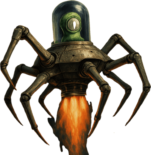Imagine a multi-legged space machine, its legs sprawling at varied, dynamic angles, giving it an organic yet mechanical feel. Encased within a transparent tube, a one-eyed green alien watches intently. Beneath the ship, vivid rocket flames burst forth, illuminating the dark void of space with fiery intensity.