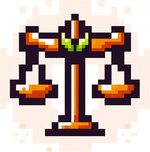 justice logo. 8-bit. cartoon..
Single Game Texture. In-Game asset. 2d. Blank background. High contrast. No shadows.