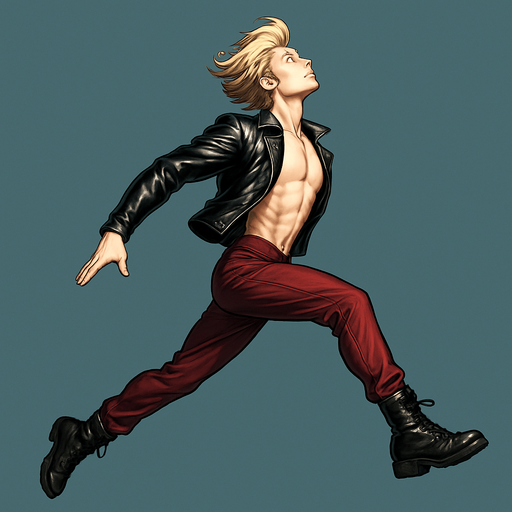 Swishy graceful man opposite arm and leg in front Cyberpunk manga, side profile view jumping pushing off the ground one leg extended one knee raises arms at sides loookkng skyward torpedo magic launching leap jump, shiny black leather biker jacket longsleeves shirtless Skinny abs blonde pompadour guy, wine red joggers combat boots, Background removed, "Full-body character, entirely in frame, no cropping of face, head, or feet" "Complete character visible, from head to toe, fully centered in the image" "Entire character, including face and boots, fully within the frame" Character fully contained within a square frame, no edges cut off fashion model idle pose
