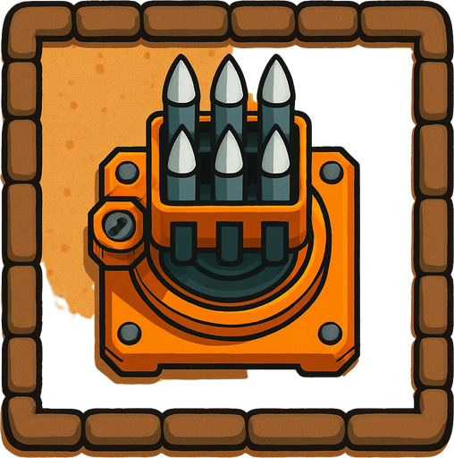 Top view of an Orange defense Military tower Rockets, in the desert, the image has a square border outlined by military defense Brown sandbags.
In-Game asset.  2d.  High contrast.  No shadows