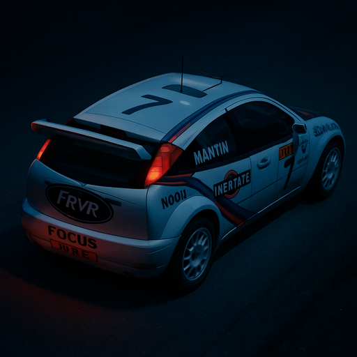 Photorealistic Ford Focus wrc from 2000 year in nightlight, drone topview FROM BACK and 45 degrees angle in top right corner. Modify the real sponsors to just similars. Change ford logo text to frvr