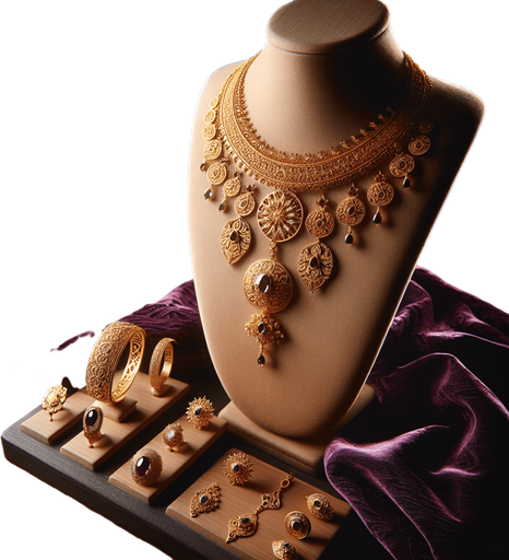 a set of classical gold jewelry on a small display bust