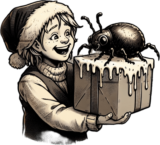 a pergament of a happy girl. she got a big fat slimy bug as chrismas present. There is the text: "If you find a bug, you cam write me a message on Discord FRVR. - Sasbe"