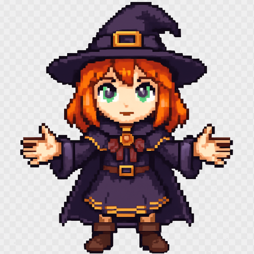 High-quality 2D pixel art of a young witch girl facing forward with her arms open, palms visible. She has vibrant orange hair, fair white skin, and bright green eyes. She is wearing a classic witch outfit: a wide-brimmed witch hat and a matching dress with magical details. The style is detailed 16-bit pixel art, with clean shading and strong contrast. The pose is welcoming or spellcasting, and she is directly facing the viewer. Transparent background..
In-Game asset.  2d.  High contrast.  No shadows
