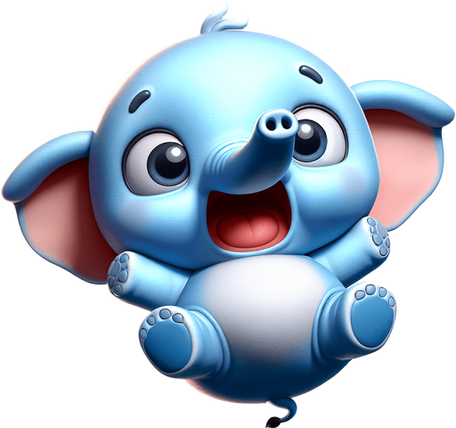 A happy little blue elephant, looking scared, facing the viewer, legs flailing as it falls through the air..
Single Game Texture. In-Game asset. 2d. Blank background. High contrast. No shadows.