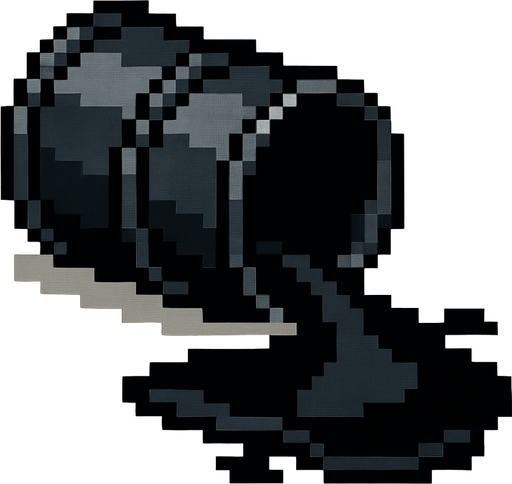 un barril derramando petroleo negro hecho con pixeles In-Game asset.  2d.  High contrast.  No shadows