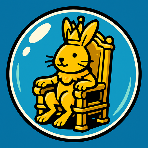 a bubble with a golden king rabbit inside sitting in a throne.
In-Game asset.  2d.  High contrast.  No shadows