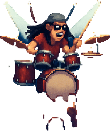 Add pixel cool crazy drummer, with glasses and gray bandana, red tshirt, long black hair, playing drums