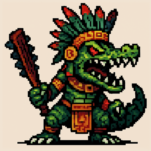 Genérame una Caiman llanero guerrero azteca con eso patrones, estilo pixelar, con una apariencia maligna, ojos rojos, rabioso. Unidad cuerpo a cuerpo. Animal.
In-Game asset.  2d.  High contrast.  No shadows