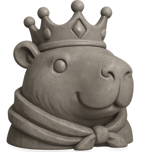 Recrealo en una escultura. Utiliza un estilo cartoon. Usas colores grises. Recuerda que es un capibara usas sus rasgos y formas. Damelo sin fondo, Quita el cañon de fondo