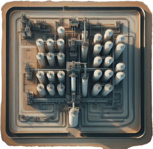 Simple Spice Refinery with silos and a rectangular fence..
Zenith view Directly overhead. Plumb view.