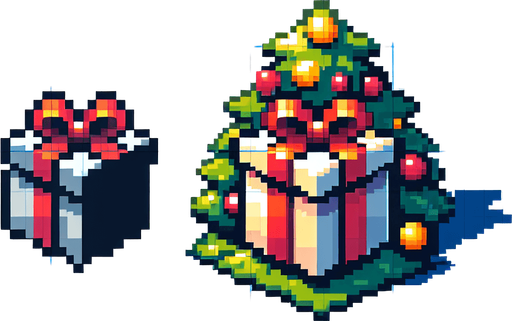 pixeled Christmas present Single Game Texture. In-Game asset. 2d. Blank background. High contrast. No shadows.