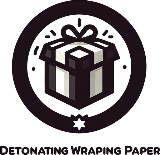 Icon for a explosive present, on a circle, with the text „detonating wrapping paper“ at top, cartoon Single Game Texture. In-Game asset. 2d. Blank background. High contrast. No shadows.