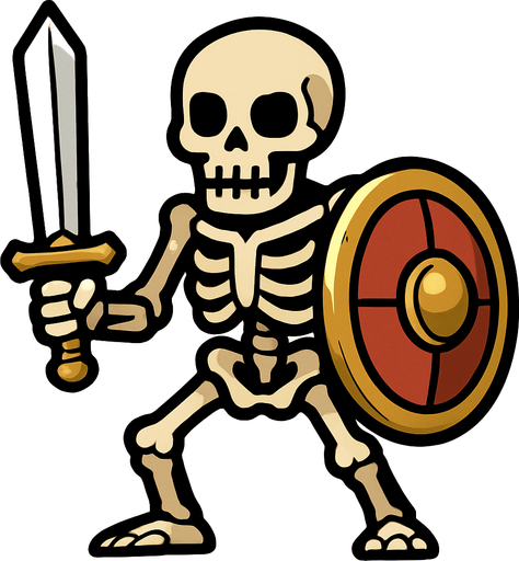 un esqueleto con espada y escudo.
In-Game asset.  2d.  High contrast.  No shadows