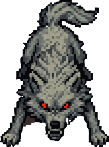 “Top-down 2D pixel art of a light gray wolf with glowing red eyes. The wolf is in an aggressive stance, body low and tense as if ready to pounce or stalking prey. Fur is rough and slightly wind-blown. Viewed directly from above, with visible head, back, legs, and tail. Designed as a game sprite with a hostile and wild appearance.”.
In-Game asset.  2d.  High contrast.  No shadows