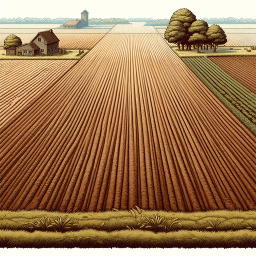 A straight top down perspective illustration of a large empty field with fertile, plowed but unplanted brown soil.There should be a farmhouse near the top..
Single Game Texture. In-Game asset. 2d. Blank background. High contrast. No shadows.