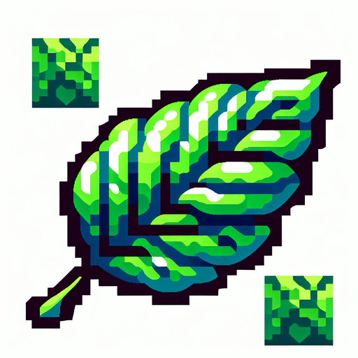 pixel art green leaf.
Single Game Texture.  In-Game asset.  2d.  Blank background.  High contrast.  No shadows